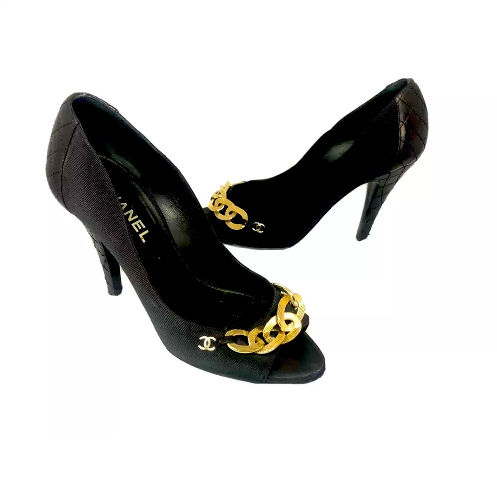 CHANEL Gold Chain Link CC black heel 37.5 / 7.5
